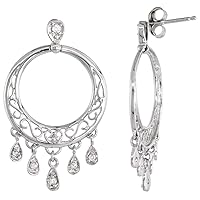 14k White Gold Chandelier Earrings for Women Diamond Drops Filigree Design 0.16 ct 1 1/4 inch