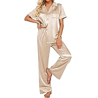 Ekouaer Silk Pajamas Womens Satin Button Down Shirts Pjs Wide Leg Long Pants Sleepwear 2 Piece Lounge Set with Pockets