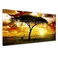African Tree Sunset Animal Landscape Sofa Office Living Room Wall Art Large Neutral Africa Artwork Framed Canvas Print Vintage Home Décoration 20x40inch Farmhouse Wall Decor