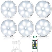 LED Closet Lights Motion Sensor USB Rechargeable Battery Powered Puck Lights with Remote Control, Dimmable Under Cabinet Counter Lighting Magnet Stick-on for Bedroom Kitchen (6 Pack)