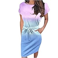 Women Gradient Bowknot Waist-Defined Pencil Dresses Short Sleeve Crewneck Casual Fashion Summer Slim Sheath Dress