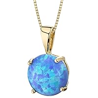PEORA 14K Yellow Gold Created Blue Opal Pendant for Women, Classic Solitaire, Round Shape, 8mm, 1 Carat total
