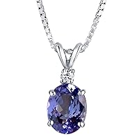 PEORA 14K White Gold Genuine Tanzanite and Diamond Solitaire Pendant for Women, 2 Carats Oval Shape 9x7mm AAA Grade