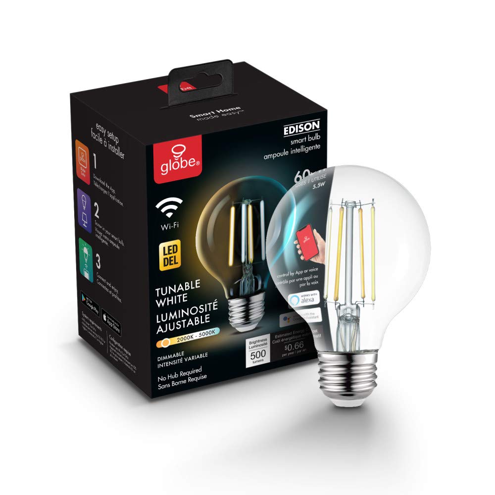 Globe Electric 34920 Wi-Fi Smart 5.5W (60W Equivalent) Straight Filament Tunable White Clear LED Light Bulb, No Hub Required, Voice Activated, 2000K - 5000K, Vintage Edison Style, G25 Shape, E26 Base