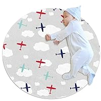Baby Rug Cartoon Airplane Cloud Kids Round Play Mat Infant Crawling Mat Floor Playmats Washable Game Blanket Tummy Time Baby Play Mat 27.6x27.6 inches