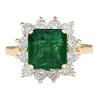 4.4 Carat Natural Green Emerald and Diamond (F-G Color, VS1-VS2 Clarity) 14K Yellow Gold Luxury Engagement Ring for Women Exclusively Handcrafted in USA