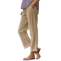 Women Linen Pants Casual Elastic Waist Straight Leg Crop Pants Summer Cotton Beach Pants Trousers with Pockets