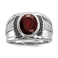 925 Sterling Silver Bezel Polished Prong set Garnet and Diamond Oval Black Rhodium Plated Mens Ring Measures 14mm Wide Jewelry for Men - Ring Size Options: 10 11 9