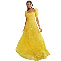 TLULY Dress for Women Sweetheart Neck Puff Sleeve Sequin Formal Dress (Color : Yellow, Size : Small)