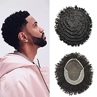 Curl Wavy Afro Toupee for Black Men French Lace Front Kinky Curly Human Hair Unit for Black Men African American Mens Wig (6mm-Wave, 1B10 Off Black+10% Gray Hair)