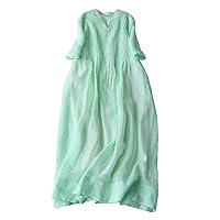 Women's Linen Tunic Dresses V-Neck Baggy Midi Dress Summer Casual Short Sleeve Flowy Beach Dress Vintage Swing Dress