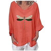 Womens Cotton Linen Drop Shoulder Tunic Tops Summer 3/4 Sleeve Graphic Tee Shirts Casual Loose Fit Funny Dragonfly Blouses