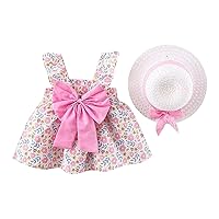 Toddler Baby Girls Floral Sleeveless Princess Dress Summer Back Bow Swing Dress Hats Tennis Dress for Girls