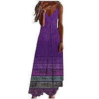 Summer Dresses for Women 2024, Loose Comfy Casual Retro Print Flowy Swing Spaghetti Strap Sundress Long Ankle Skirts