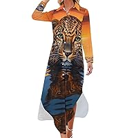 Women's Button Down Maxi Shirt Dress Leopard Water Sunset Casual Long Sleeve Loose Shirt Dresses