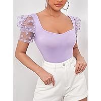 Women's Tops Shirts for Women Sexy Tops for Women Sweetheart Neck Dobby Mesh Sleeve Top Shirts for Women (Color : Lilac Purple, Size : X-Large)