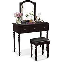 Makeup Vanity Desk with Mirror, Vanity Table Set with Soft Cushioned Stool, Dressing Table with 3 Drawers and Solid Wood Legs, Dresser Desk for Bedroom and Studio (Espresso)