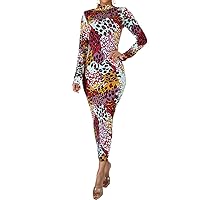 Women's Long Sleeve Casual Dress Bodycon Leopard Printed Party Midi Dress