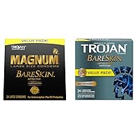 TROJAN Magnum BareSkin Premium Large Condoms, Comfortable and Smooth Lubricated Condoms for Men, America’s Number One Condom, 24 Count Value Pack & Bareskin Thin Premium Lubricated Condoms - 24 Count