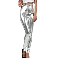 Andongnywell Faux Leather Legging Trousers for Women Look Shiny Metallic Black High Waist Sexy Skinny Pants Night Out