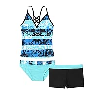 iiniim Big Girls Youth Two Piece Tie-Dye Tankini Swimsuit Bathing Suit Halter Top with Boyshort/Swim Briefs Blue(3pcs Set) 16