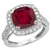 Sabrina Silver 10k White Gold Diamond and Enhanced Genuine Ruby Ring Cushion-cut 9x9mm, sizes 5-10