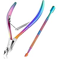 Easkep Cuticle Trimmer with Cuticle Pusher, Cuticle Remover Professional Stainless Steel Cuticle Cutter Nippers Rainbow Sharp Sturdy Pedicure Manicure Tools for Fingernails and Toenails 1