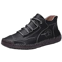 Men's short boots autumn sewn leather boots high cut leather upper flat bottom, outdoor work clothes, casual shoes