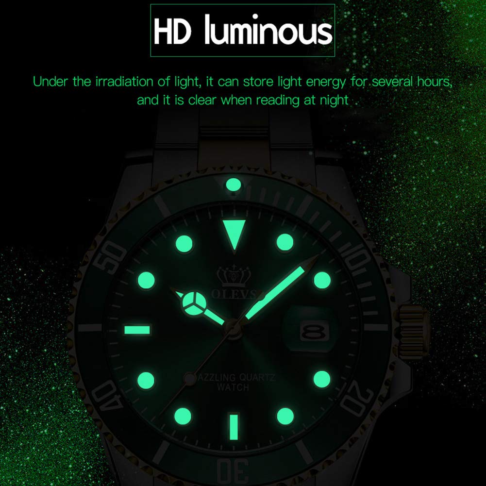 Men’s Watches with Date, Stainless Steel Band, 41mm Unidirectional Rotating Bezel Large Face Case, Quartz Analog Waterproof Luminous Wrist Watch, Two Tone Dress Relojes de Hombre [Green/Black/Blue Dial Watches for Men]