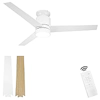 52 inch White Ceiling Fan with Lights and Remote Control, Modern Low Profile Flush Mount Indoor Outdoor Ceiling Fan with 3 Blade for Patio Living Room, Farmhouse Bedroom