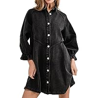 Women Denim Shirt Dress 3/4 Long Sleeves Casual Button Down Babydoll Flowy Jean Dresses