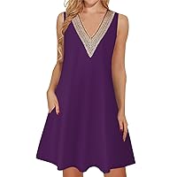 Summer Dresses for Women 2024 Trendy, Lace V Neck Sleeveless Dressy Casual Sundress with Pocket Tank Dress