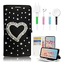 STENES Bling Wallet Phone Case Compatible with Samsung Galaxy S24 Ultra 5G Case - Stylish - 3D Handmade Heart Design Leather Girls Women Cover with Cable Protector [4 Pack] - Black