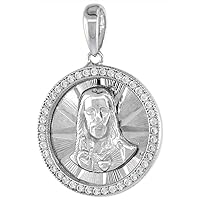 3/4 inch Round Sterling Silver Cubic Zirconia Sacred Heart of Jesus Necklace Micropave Halo Facted 16-24 inch