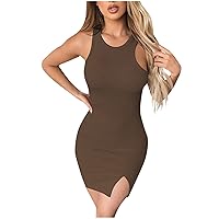 Sexy Bodycon Mini Dress for Women Slim Fit Ribbed Knit Sleeveless Tank Dress Side Split Short Dress Summer Party Club Dress
