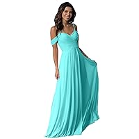 Women's Long Cold Shoulder Pleated Wedding Bridesmaid Dresses Off Shoulder Chiffon Prom Dress Turquoise US8
