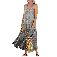 Sleeveless Dresses for Women Beach Maxi Plus Size Summer Cotton Linen Fashion Casual Print Solid Colour Pocket Dress
