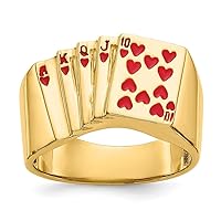 14k Yellow Gold Polished Open back Not engraveable Enameled Royal Flush in Love Hearts Mens Ring Size 10 Jewelry for Men