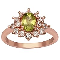 Natural Green Peridot Solitaire Accents Rose Gold Ring 925 Silver