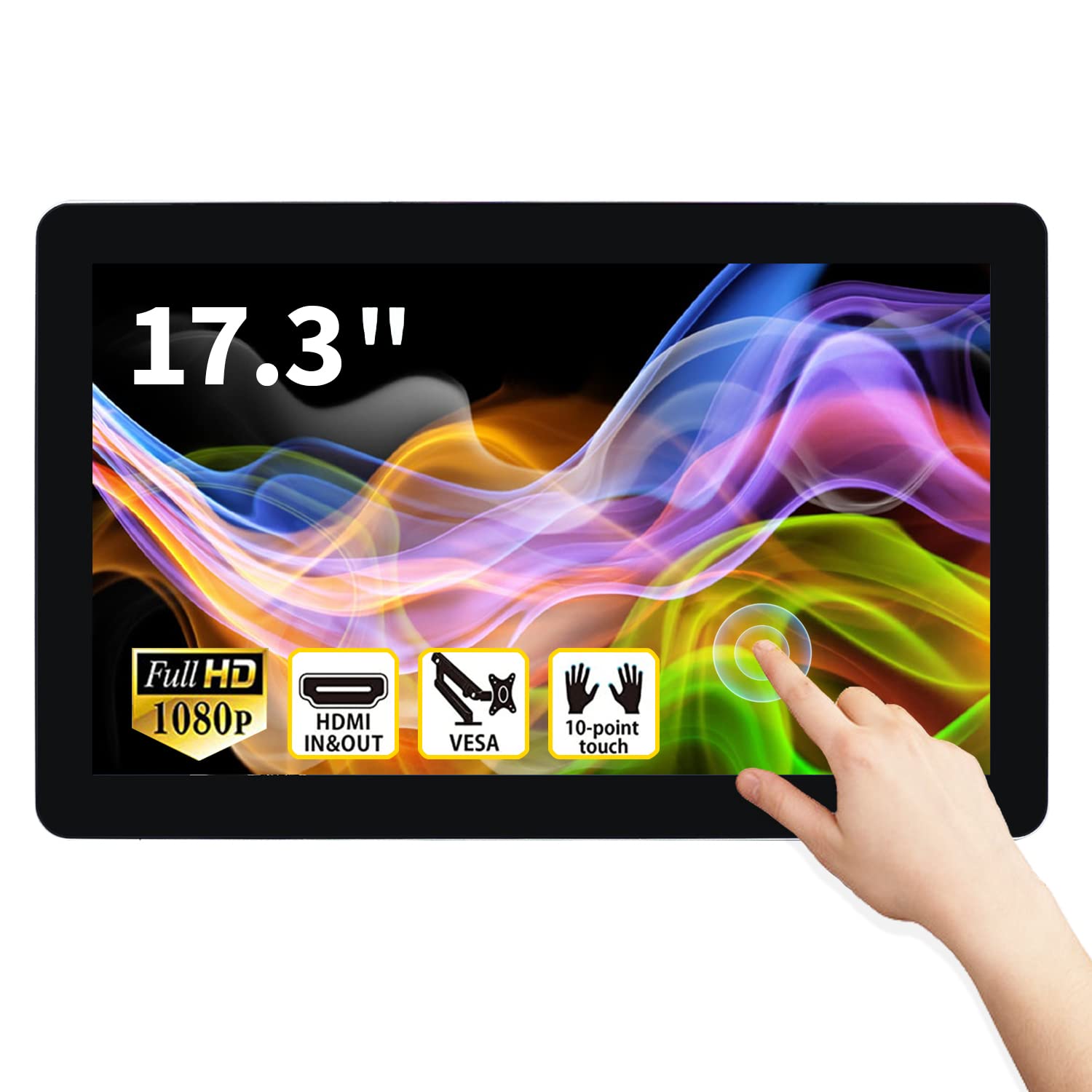 TouchWo 17.3 inch Capacitive Multi-Touch Screen Industrial Monitor, 16:9 Display 1920 x 1080P, Built-in Speakers, VGA & HDMI Monitor for PC, POS, Small Business, Restaurant, Bar