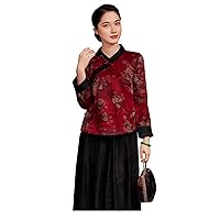 Women Retro V Neck Chinese Hanfu Element Long Sleeve Loose Silk Fragrant Cloud Yarn Print Dress 37