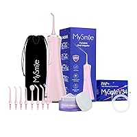 MySmile Pink LP211 Cordless Advanced Water Flosser and Teeth Whitening Toothpaste Powder, 5 Cleaning Modes Rechargeable Power Dental Flosser 8 Replacement Jet Tips
