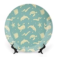 Decorative Ceramic Plate Round Porcelain Plate,7 inch,Whales Pattern,for Fine Dining Upscale Events, Dinner Parties, Weddings, Catering,Seafoam Pale Yellow
