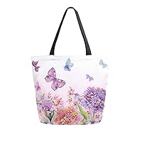 ALAZA Large Canvas Tote Bag Hydrangea Flowers And Colorful Butterflies Shopping Shoulder Handbag with Small Zippered Pocket