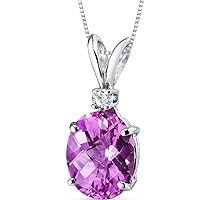 PEORA 14K White Gold Created Pink Sapphire and Genuine Diamond Pendant, Elegant Solitaire, Oval Shape, 10x8mm, 3.75 Carats total