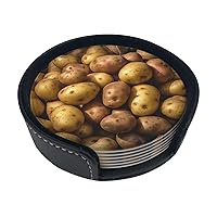 Garden Potatoes Print Leather Coasters Set of 6 Waterproof Heat-Resistant Drink Coasters Round Cup Mat with Holder for Living Room Kitchen Bar Coffee Decor