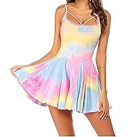 Womens Fashion Tie Dye/Solid Cut Out Neck Cami Dress Summer Pleated Spaghetti Strap Sexy Flowy Casual Mini Dresses