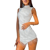 Sexy Women High Neck Sleeveless Mini Dress Bodycon Tassels Slim Fit 90s E-Girl Mini Club Party Dresses