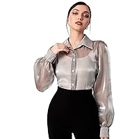 GORGLITTER Women's Sheer Button Up Metallic Shirt Top Lantern Long Sleeve Mesh Collar Blouse