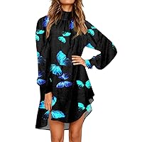 Women's Cotton Linen O Neck Pleated Leaky Back Printed Long Sleeve Dress